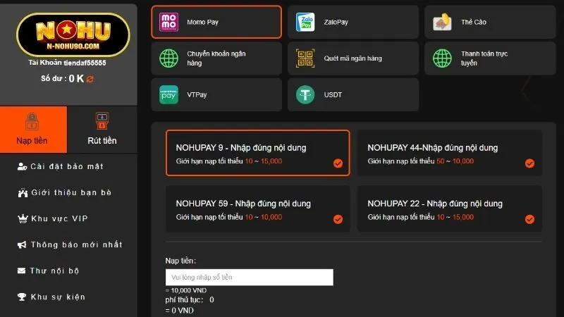 Các hình thức nạp tiền Nohu90 nhanh chóng và phổ biến 2026