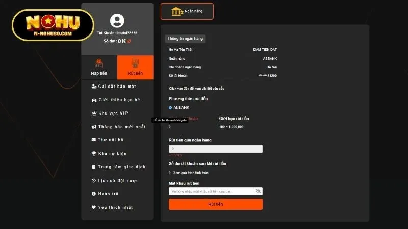 Hướng dẫn chi tiết quy trình rút tiền Nohu90 qua ngân hàng